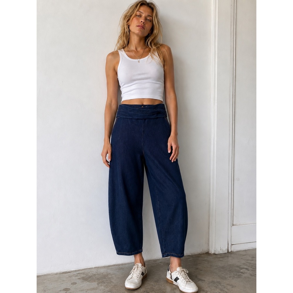 NWT Dark Denim Barrel Leg Jeans L Belted Commense 100% Cotton Casual Chic‎